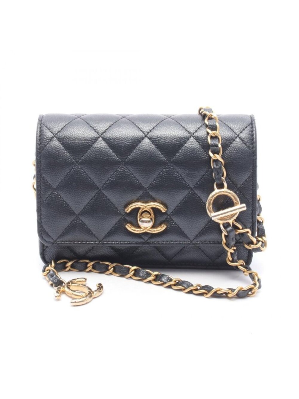 Chanel Shoulder Bag Quilted Mini Chain Wallet Metallic Black Calf